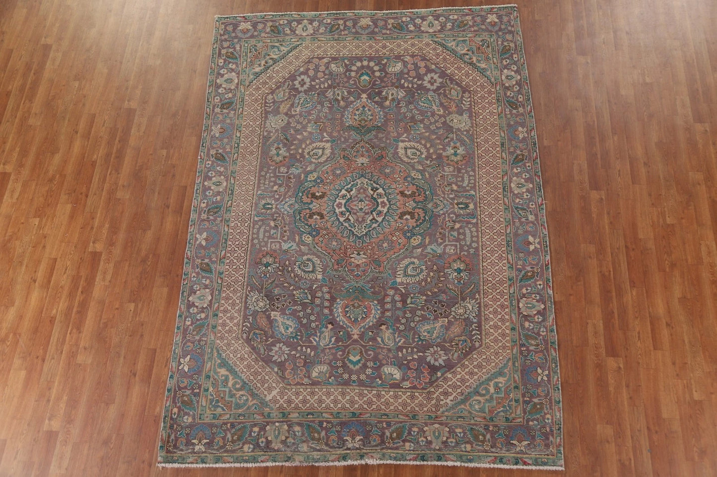 Dusty Mauve and Teal Intricate Floral Medallion Heriz Serapi Traditional 8x10 Hand Knotted Wool Area Rug