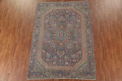 Dusty Mauve and Teal Intricate Floral Medallion Heriz Serapi Traditional 8x10 Hand Knotted Wool Area Rug