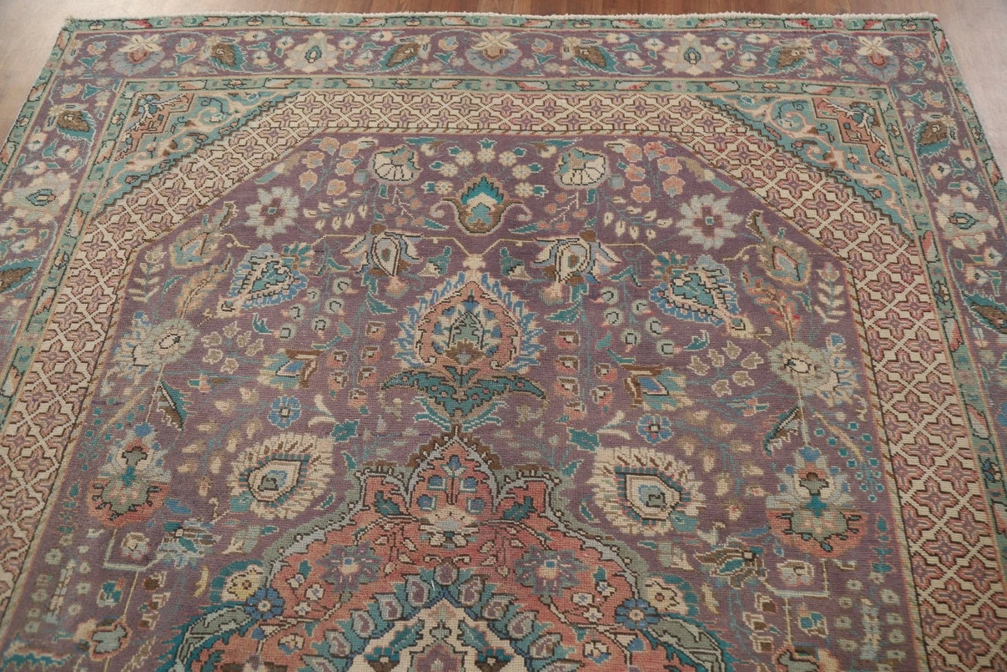Dusty Mauve and Teal Intricate Floral Medallion Heriz Serapi Traditional 8x10 Hand Knotted Wool Area Rug