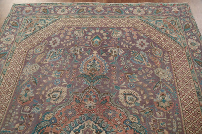 Dusty Mauve and Teal Intricate Floral Medallion Heriz Serapi Traditional 8x10 Hand Knotted Wool Area Rug