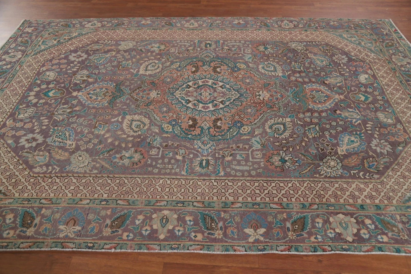 Dusty Mauve and Teal Intricate Floral Medallion Heriz Serapi Traditional 8x10 Hand Knotted Wool Area Rug
