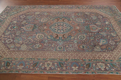 Dusty Mauve and Teal Intricate Floral Medallion Heriz Serapi Traditional 8x10 Hand Knotted Wool Area Rug