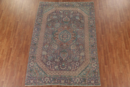 Dusty Mauve and Teal Intricate Floral Medallion Heriz Serapi Traditional 8x10 Hand Knotted Wool Area Rug