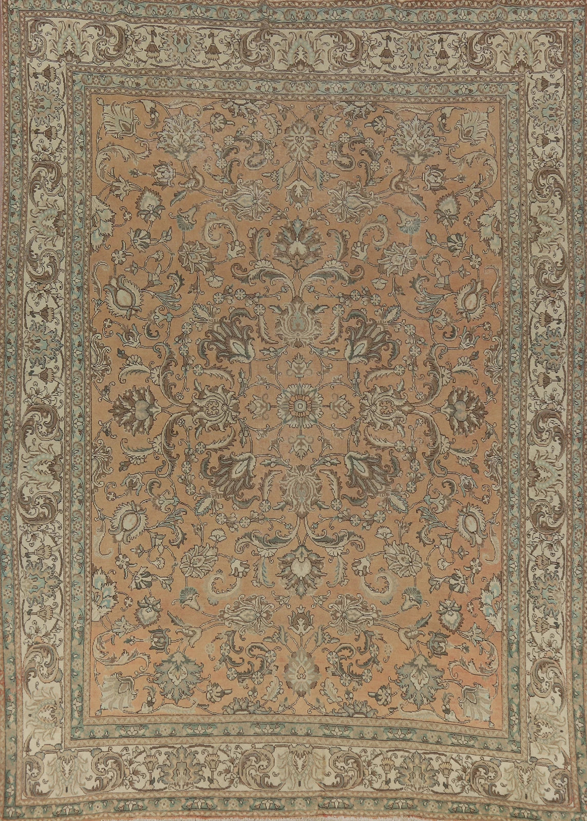 Antique Oushak All-Over Floral Scroll Caramel and Ivory Hand Knotted 8x10 Wool Area Rug