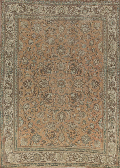 Antique Oushak All-Over Floral Scroll Caramel and Ivory Hand Knotted 8x10 Wool Area Rug
