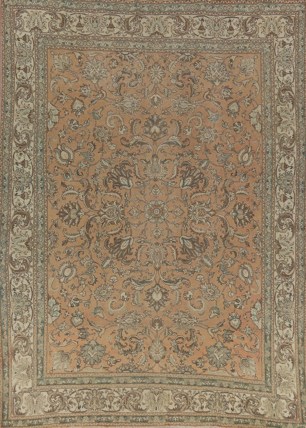 Antique Oushak All-Over Floral Scroll Caramel and Ivory Hand Knotted 8x10 Wool Area Rug