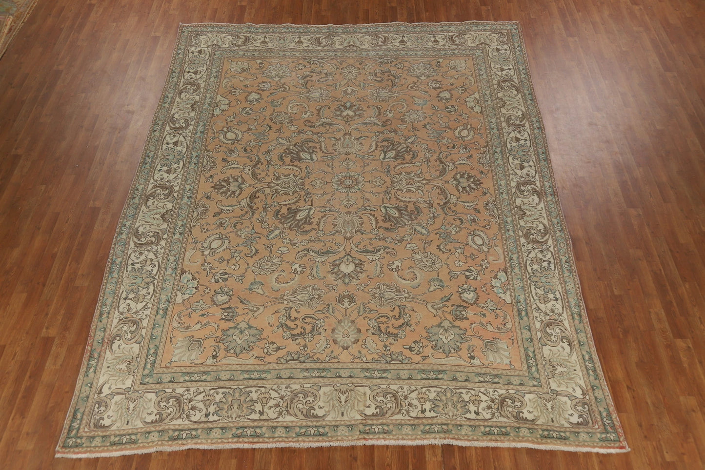 Antique Oushak All-Over Floral Scroll Caramel and Ivory Hand Knotted 8x10 Wool Area Rug