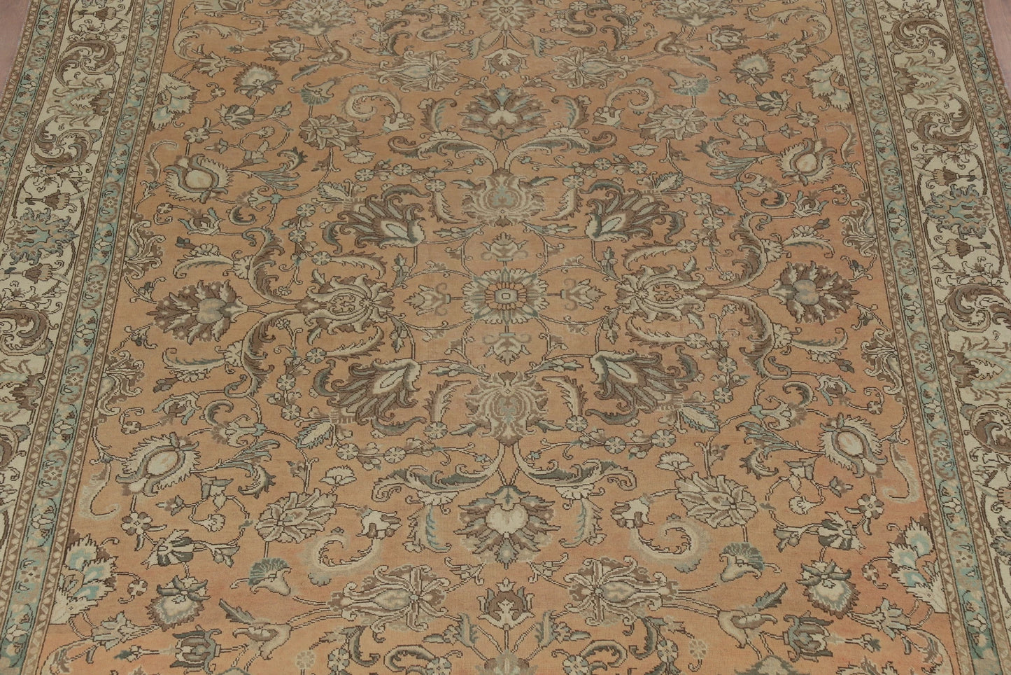 Antique Oushak All-Over Floral Scroll Caramel and Ivory Hand Knotted 8x10 Wool Area Rug