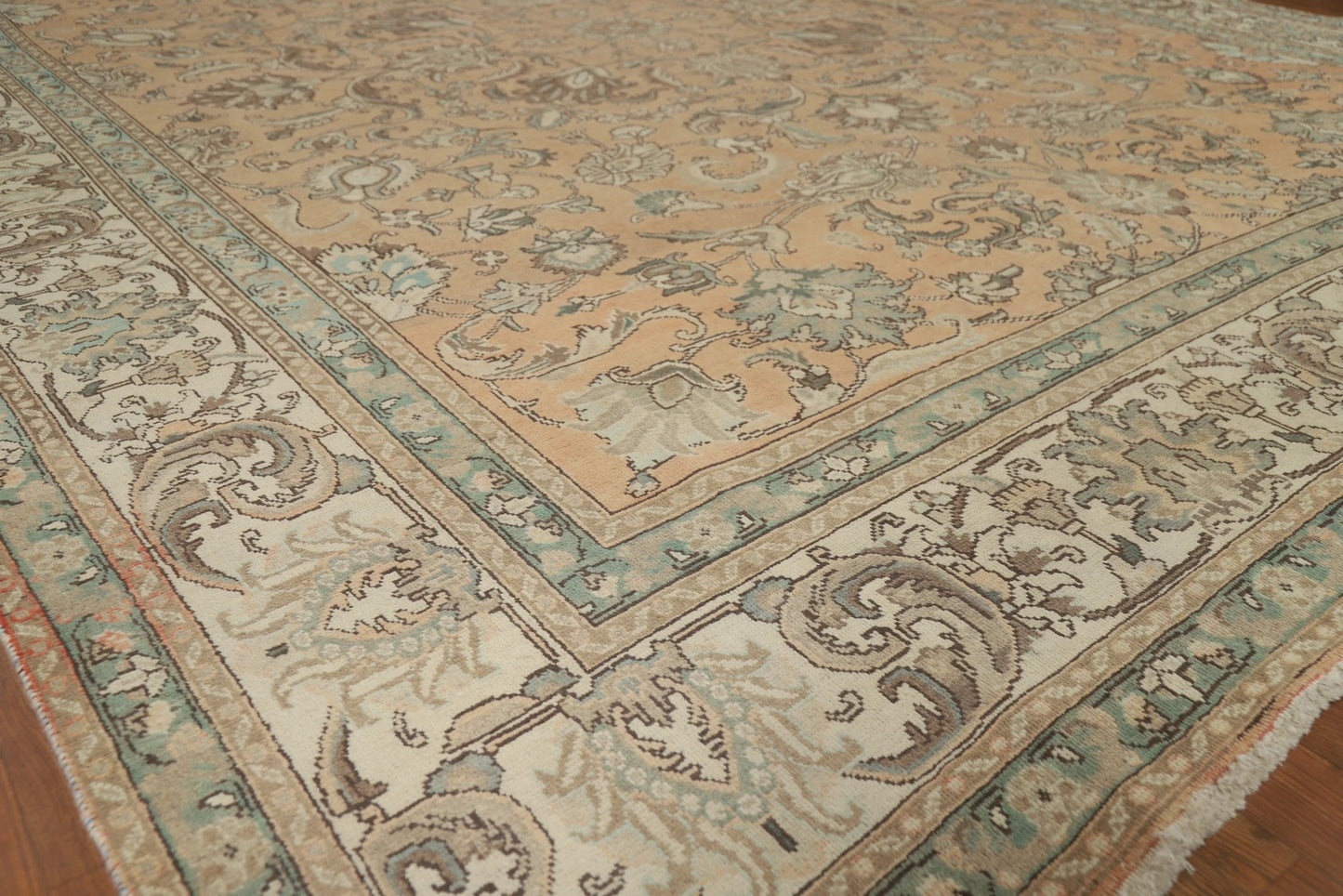 Antique Oushak All-Over Floral Scroll Caramel and Ivory Hand Knotted 8x10 Wool Area Rug