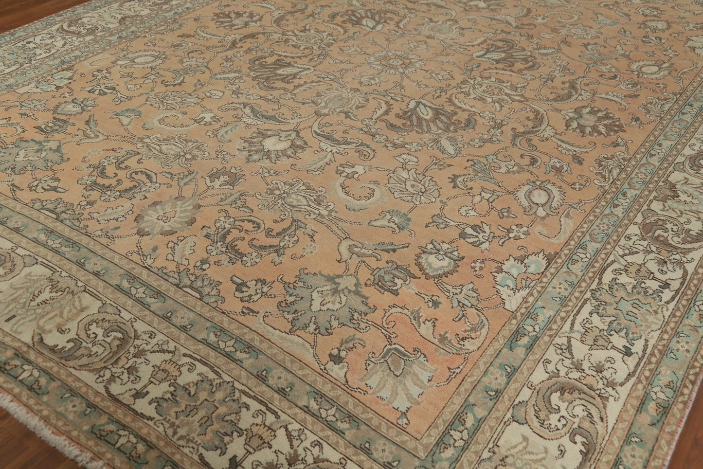 Antique Oushak All-Over Floral Scroll Caramel and Ivory Hand Knotted 8x10 Wool Area Rug