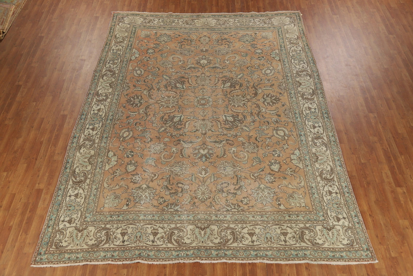 Antique Oushak All-Over Floral Scroll Caramel and Ivory Hand Knotted 8x10 Wool Area Rug