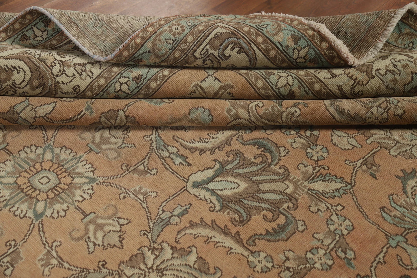 Antique Oushak All-Over Floral Scroll Caramel and Ivory Hand Knotted 8x10 Wool Area Rug