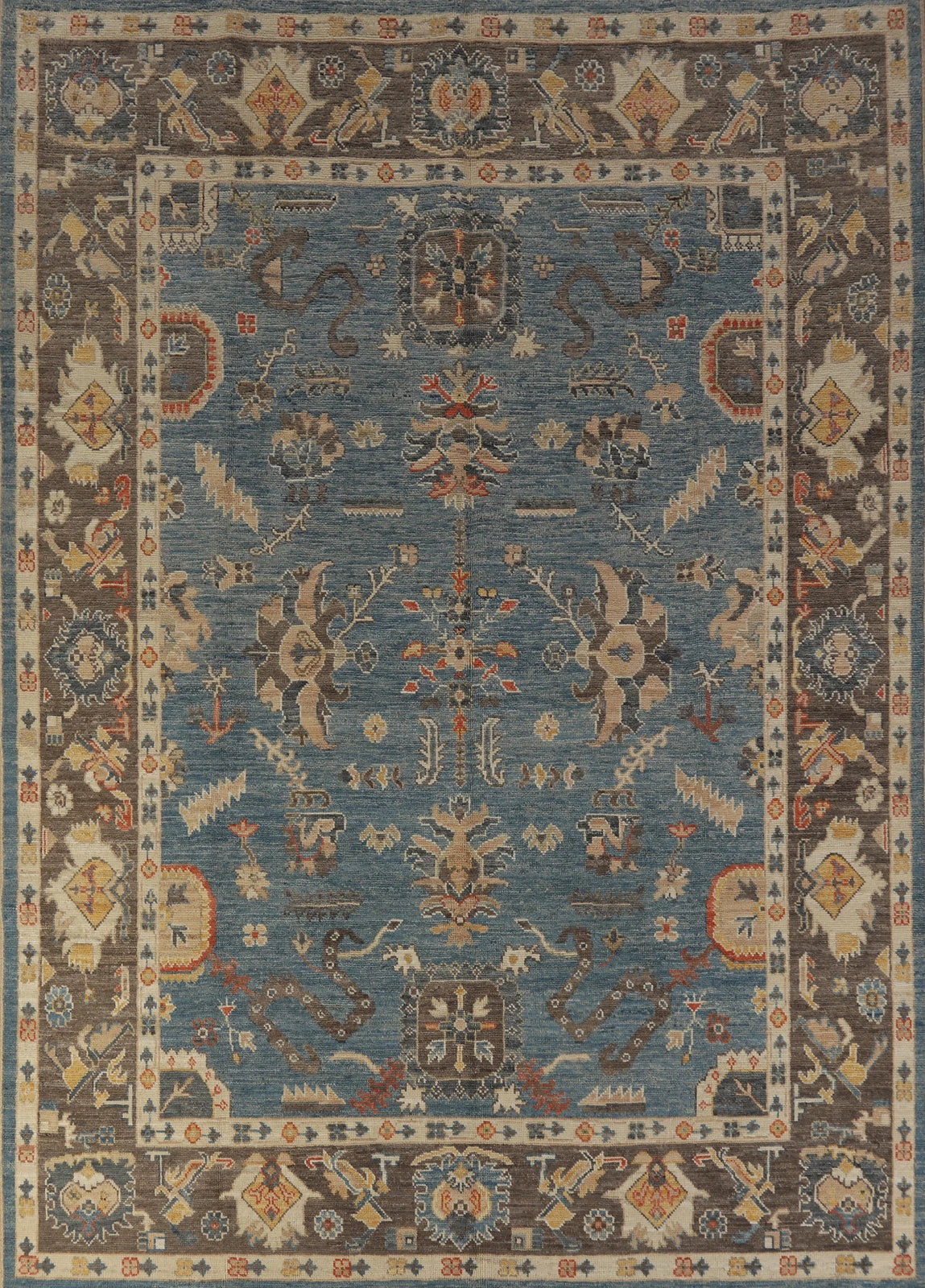 All-Over Floral Scroll Oushak Steel Blue and Dark Brown Bold Traditional 8x10 Hand Knotted Wool Area Rug