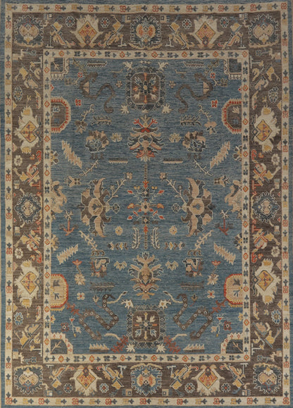 All-Over Floral Scroll Oushak Steel Blue and Dark Brown Bold Traditional 8x10 Hand Knotted Wool Area Rug