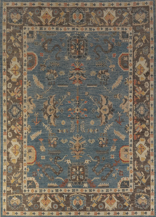All-Over Floral Scroll Oushak Steel Blue and Dark Brown Bold Traditional 8x10 Hand Knotted Wool Area Rug 