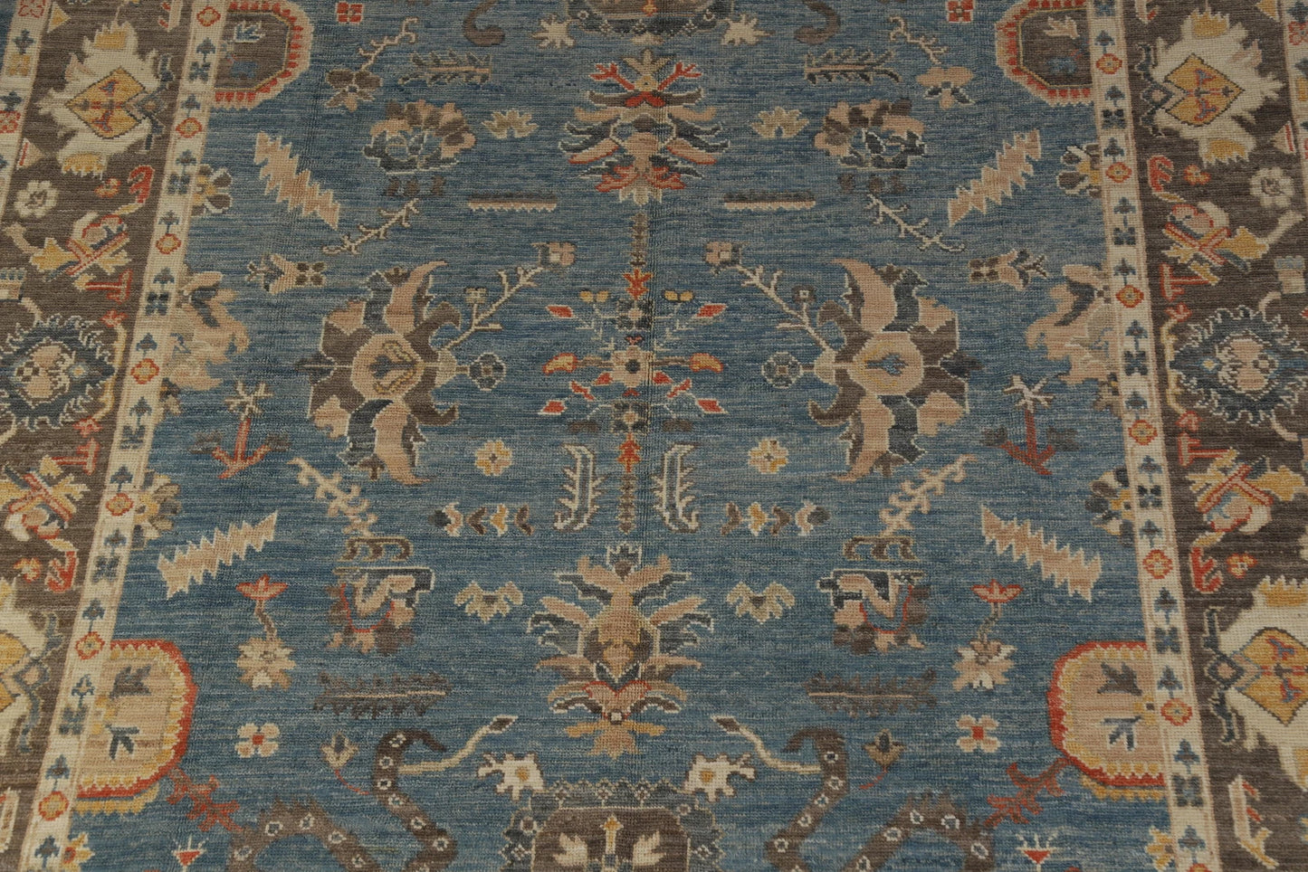 All-Over Floral Scroll Oushak Steel Blue and Dark Brown Bold Traditional 8x10 Hand Knotted Wool Area Rug