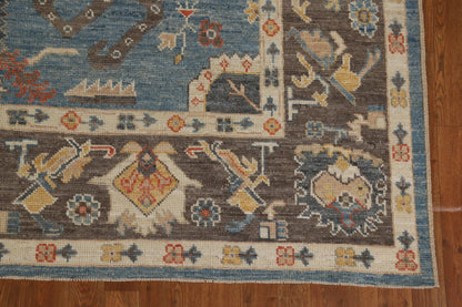 All-Over Floral Scroll Oushak Steel Blue and Dark Brown Bold Traditional 8x10 Hand Knotted Wool Area Rug