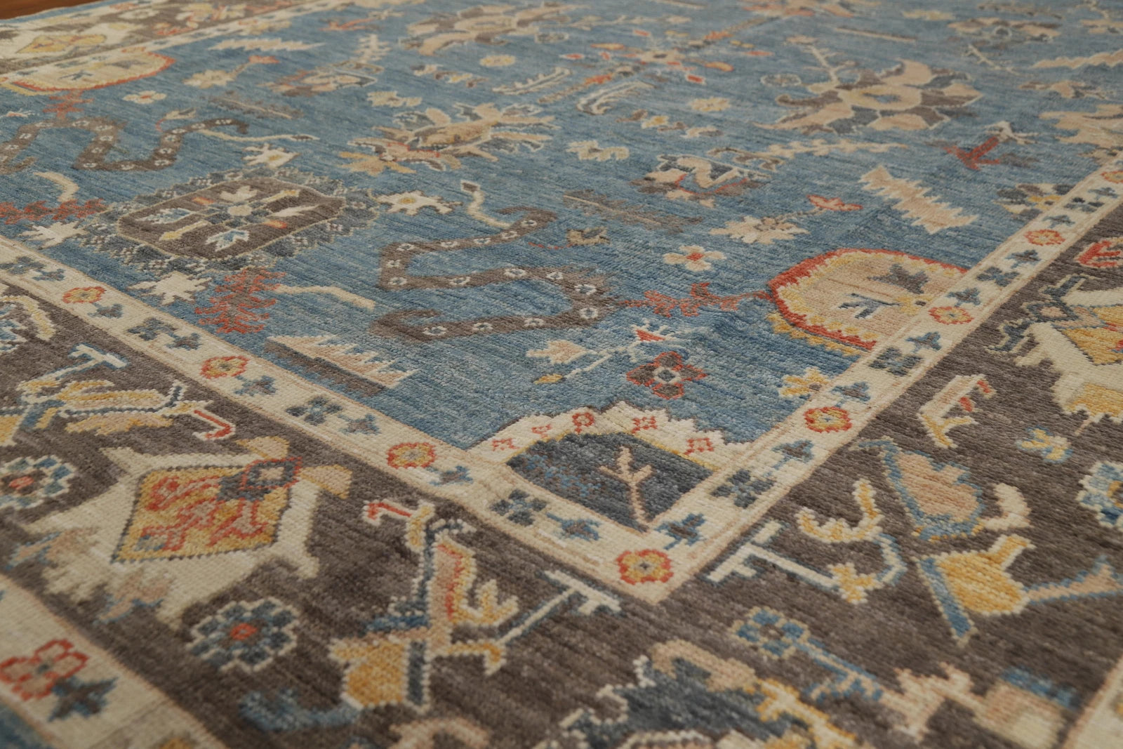 All-Over Floral Scroll Oushak Steel Blue and Dark Brown Bold Traditional 8x10 Hand Knotted Wool Area Rug