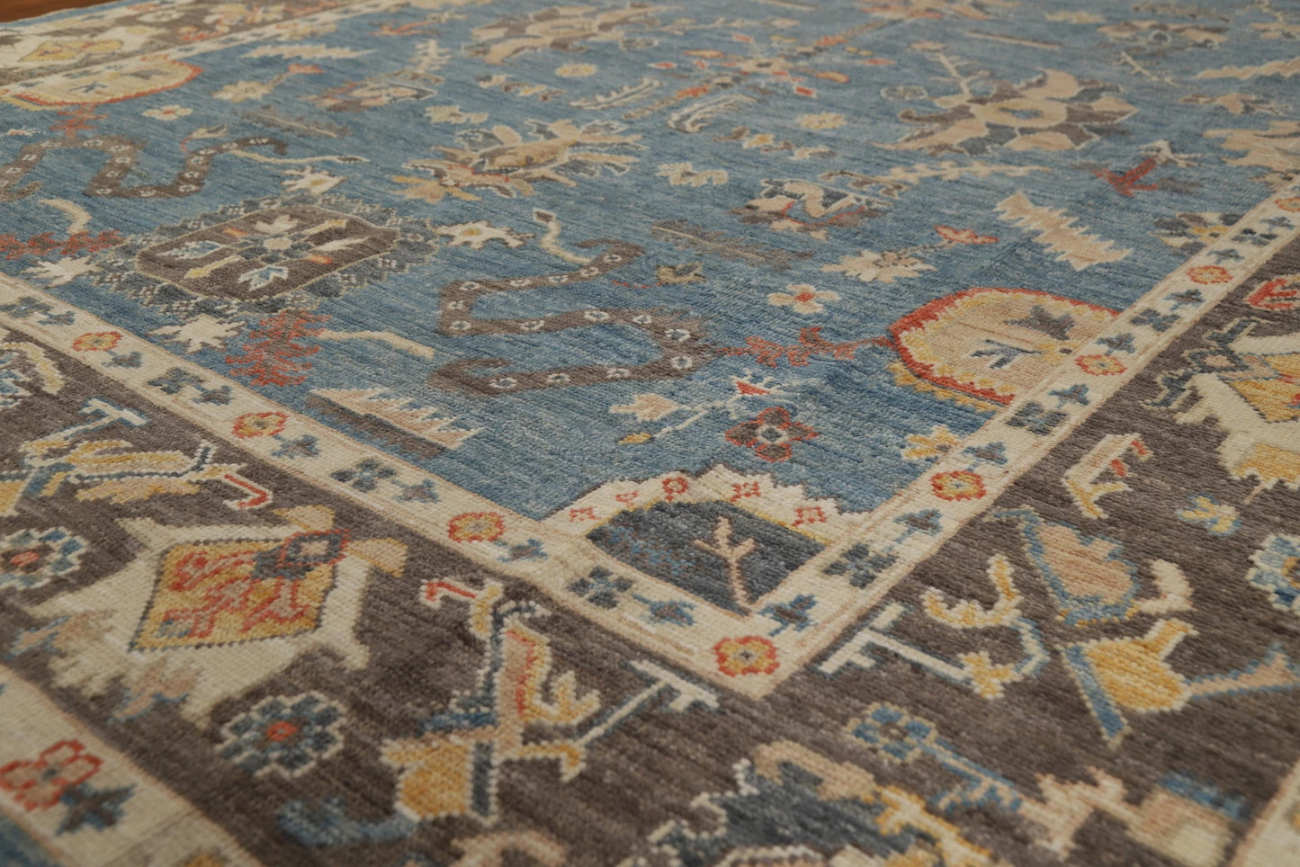 All-Over Floral Scroll Oushak Steel Blue and Dark Brown Bold Traditional 8x10 Hand Knotted Wool Area Rug