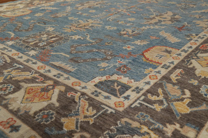 All-Over Floral Scroll Oushak Steel Blue and Dark Brown Bold Traditional 8x10 Hand Knotted Wool Area Rug