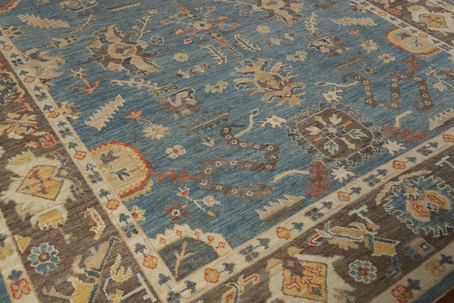 All-Over Floral Scroll Oushak Steel Blue and Dark Brown Bold Traditional 8x10 Hand Knotted Wool Area Rug