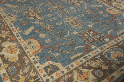 All-Over Floral Scroll Oushak Steel Blue and Dark Brown Bold Traditional 8x10 Hand Knotted Wool Area Rug