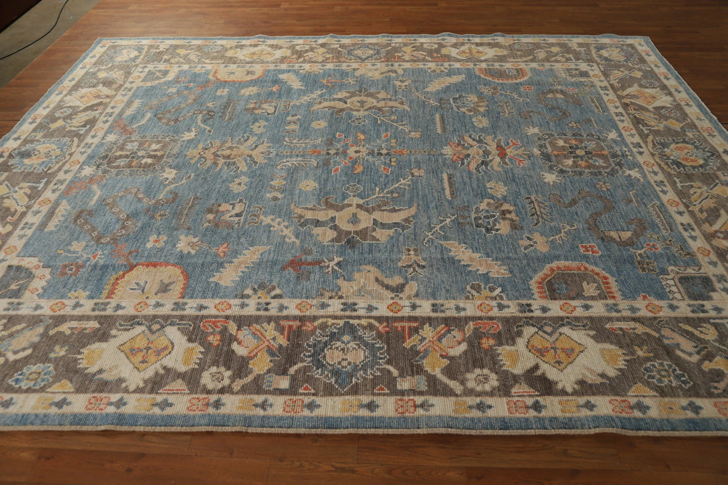 All-Over Floral Scroll Oushak Steel Blue and Dark Brown Bold Traditional 8x10 Hand Knotted Wool Area Rug