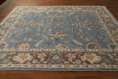 All-Over Floral Scroll Oushak Steel Blue and Dark Brown Bold Traditional 8x10 Hand Knotted Wool Area Rug