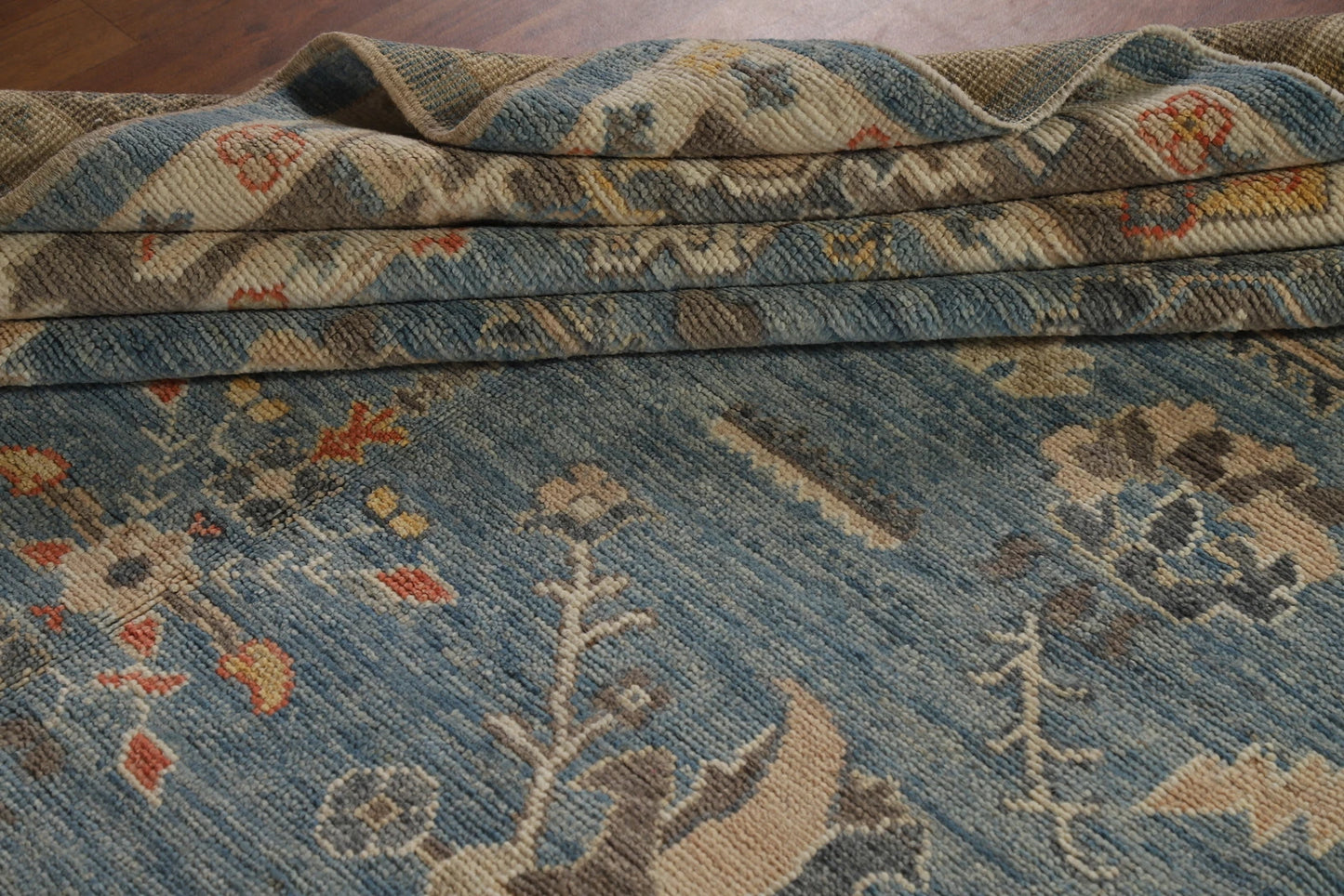 All-Over Floral Scroll Oushak Steel Blue and Dark Brown Bold Traditional 8x10 Hand Knotted Wool Area Rug