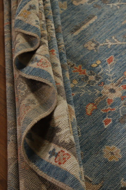 All-Over Floral Scroll Oushak Steel Blue and Dark Brown Bold Traditional 8x10 Hand Knotted Wool Area Rug