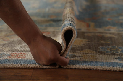 All-Over Floral Scroll Oushak Steel Blue and Dark Brown Bold Traditional 8x10 Hand Knotted Wool Area Rug