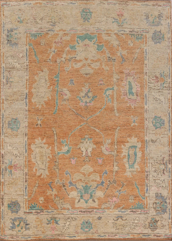 Terracotta Orange and Teal Central Floral Vase Oushak Vintage Traditional 8x10 Hand Knotted Wool Area Rug