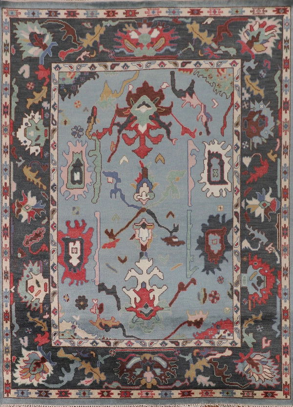 Blue and Charcoal Grey 8x10 Hand Knotted Dramatic Oushak Angular Open Field Multicolour Antique Wool Area Rug