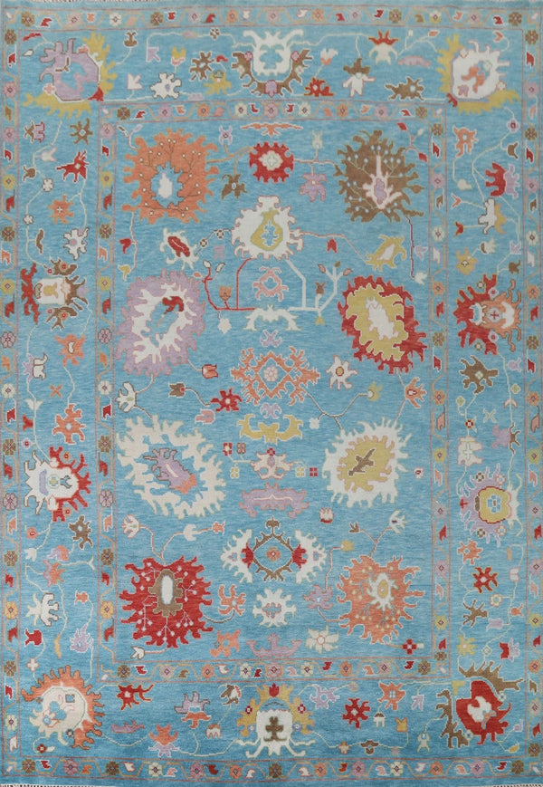 Oushak All-Over Large Traditional Floral  Vibrant Aqua and Multicolour Hand Knotted 9x12 Wool Area Rug