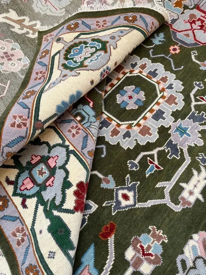 Hand Knotted Oushak Antique Hunter Green and Ivory 8x10 All-Over Geometric Floral Medallion Lattice Slate Blue Burgundy Wool Area Rug