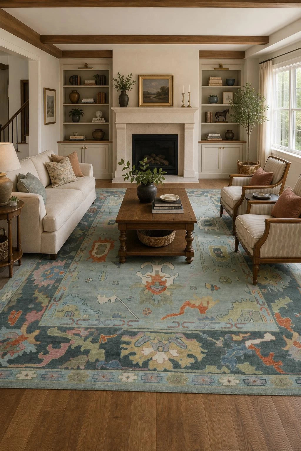 Oushak Aqua Blue and Dark Teal Open Abstract Large Floral Antique 9x12 Hand Knotted Rust Sage Green Ivory Wool Area Rug