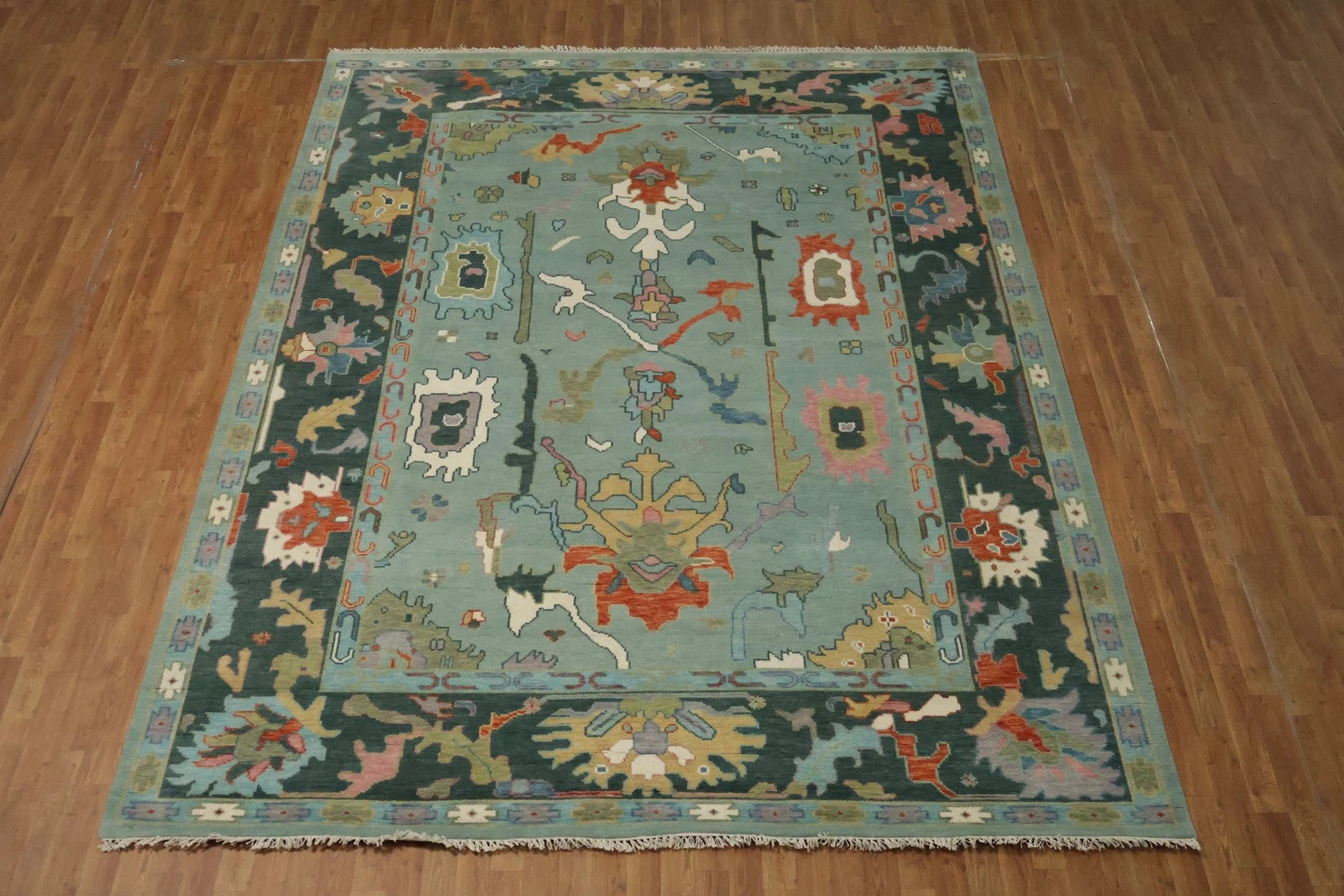 Oushak Aqua Blue and Dark Teal Open Abstract Large Floral Antique 9x12 Hand Knotted Rust Sage Green Ivory Wool Area Rug