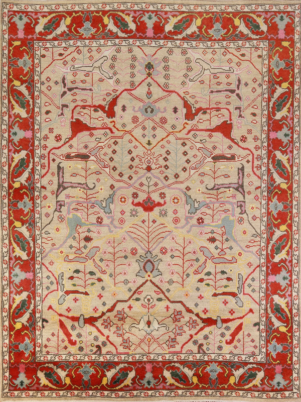 Hand Knotted Ivory and Red Oushak Mirrored Angular Tree of Life Antique 8x10 Slate Blue Olive Green Gold Wool Area Rug