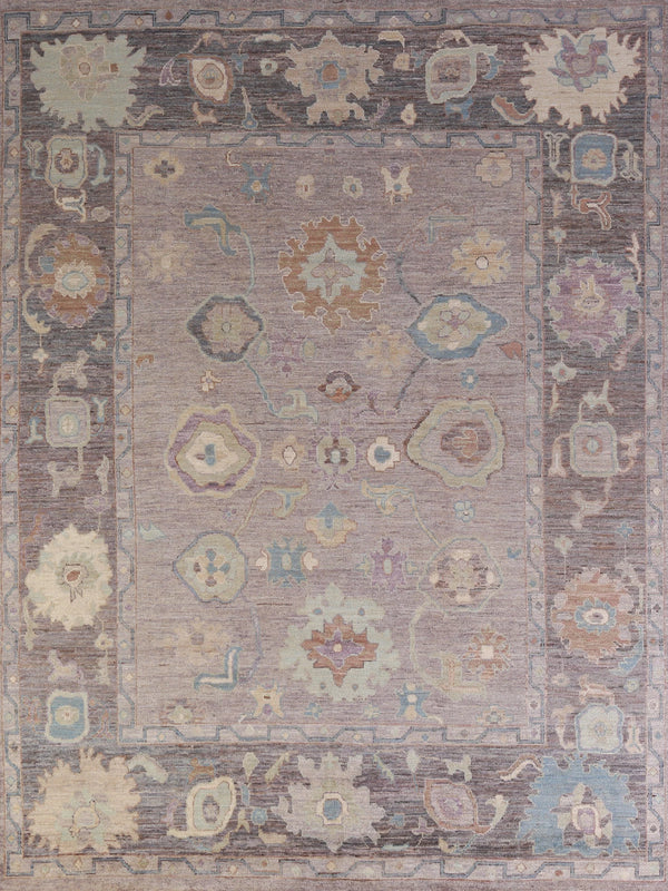 8x10 Mauve Grey and Charcoal Oushak All-Over Open Geometric Floral Medallion Antique Hand Knotted Ivory Rust Light Blue Wool Area Rug