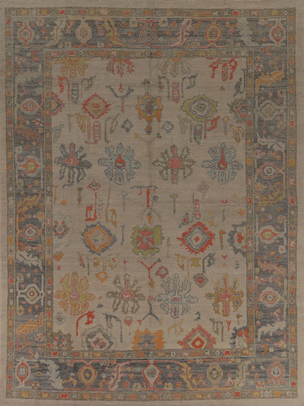 Ivory and Charcoal Oushak All-Over Bold Angular Floral Antique 8x10 Hand Knotted Red Orange Slate Blue Sage Green Wool Area Rug