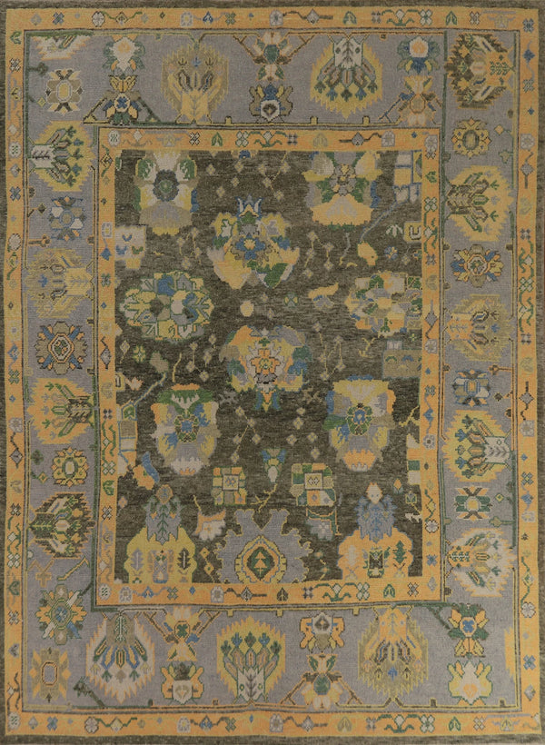 Charcoal Brown and Gold Oushak All-Over Large Floral Vine Antique Hand Knotted 8x10 Slate Blue Sage Green Wool Area Rug