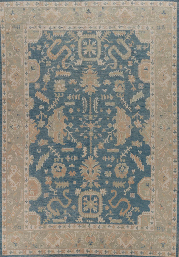 Oushak All-Over Large Floral Vine Antique Teal Blue and Ivory Gold Hand Knotted 9x12 Wool Area Rug