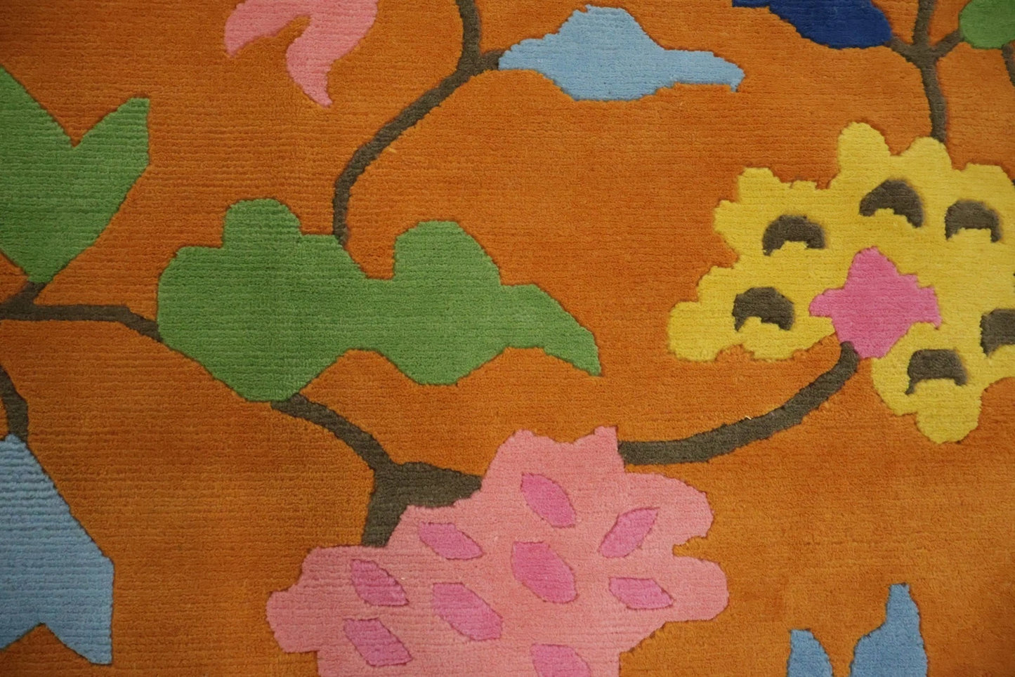 Art Deco Chinese Floral Hand Knotted Wool Silk Rug 8x10 Orange Blue Pink Botanical