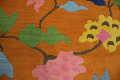 Art Deco Chinese Floral Hand Knotted Wool Silk Rug 8x10 Orange Blue Pink Botanical