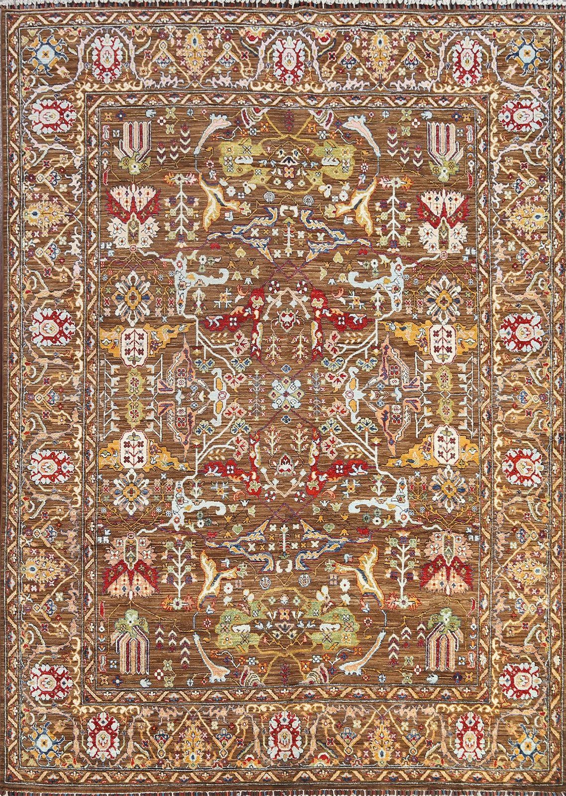8x10 Warm Brown and Ivory Vintage style Traditional oriental Oushak Hand Knotted All-Over Floral Wool Area Rug