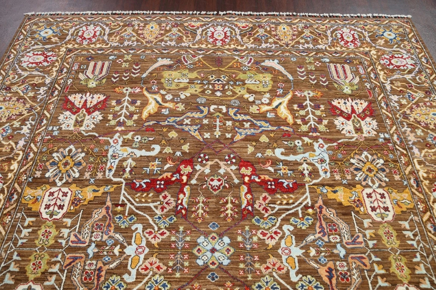 8x10 Warm Brown and Ivory Vintage style Traditional oriental Oushak Hand Knotted All-Over Floral Wool Area Rug