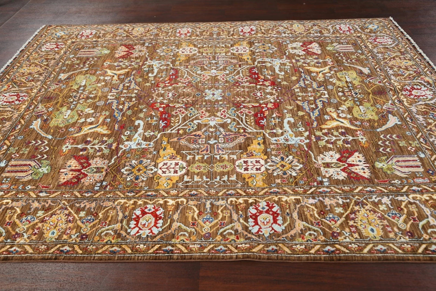 8x10 Warm Brown and Ivory Vintage style Traditional oriental Oushak Hand Knotted All-Over Floral Wool Area Rug