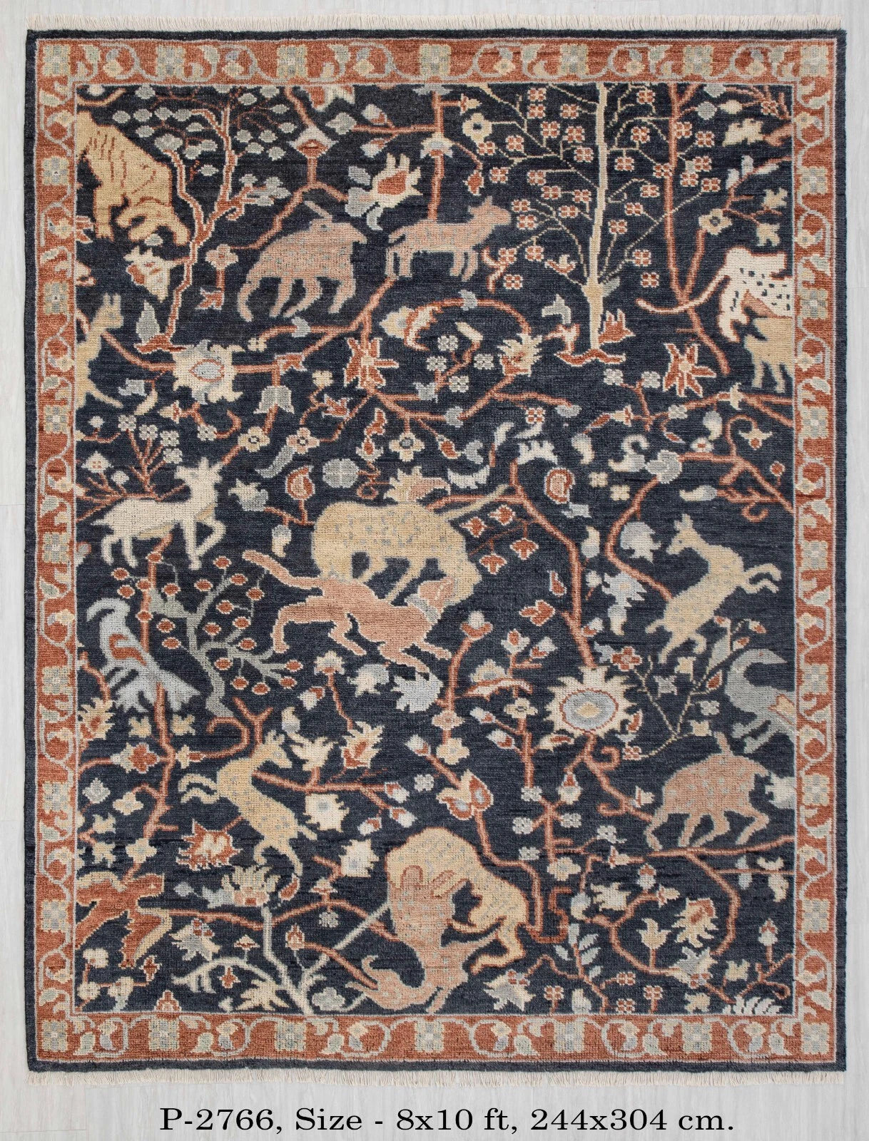 Animal and Tree of Life Navy Hand Knotted Persian Hunting Style Wool Area Rug 8x10