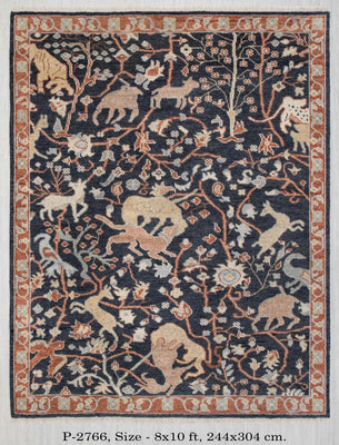 Animal and Tree of Life Navy Hand Knotted Persian Hunting Style Wool Area Rug 8x10