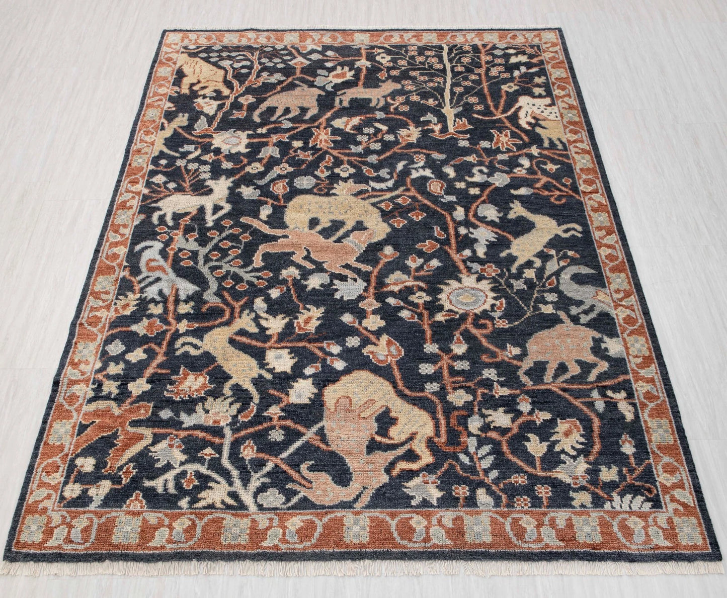 Animal and Tree of Life Navy Hand Knotted Persian Hunting Style Wool Area Rug 8x10